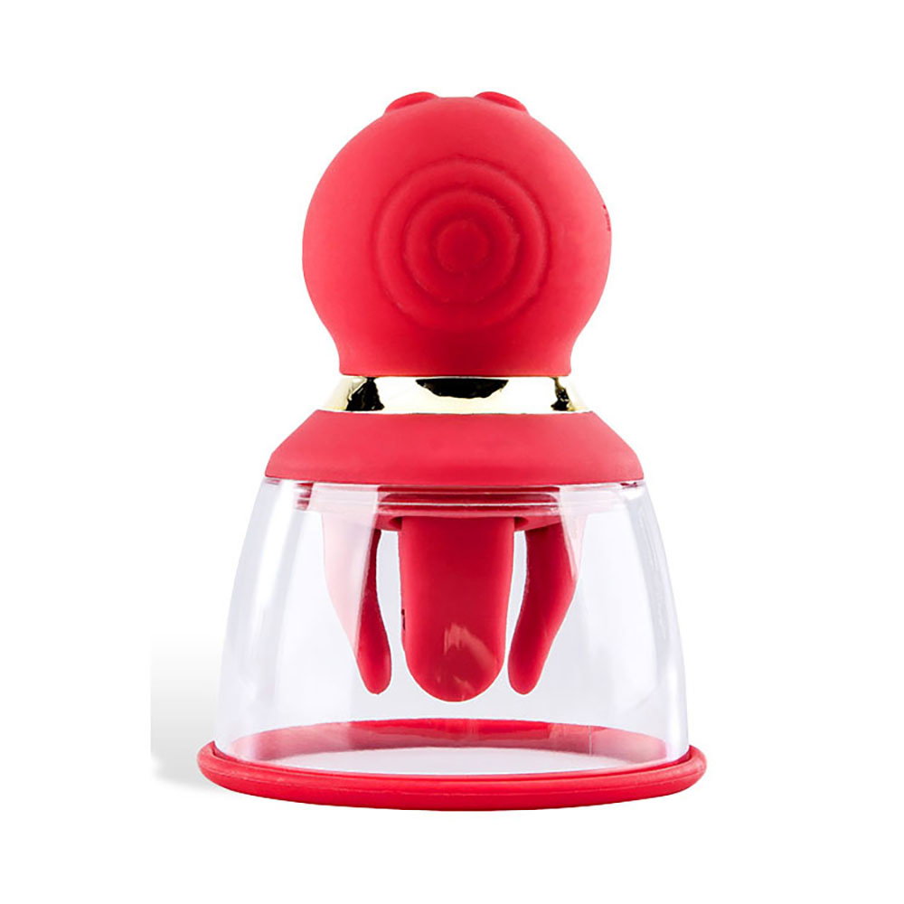 Adam & Eve Squeeze-N-Please Pump in red, a transparent cup stimulator with massaging fingers and squeeze bulb